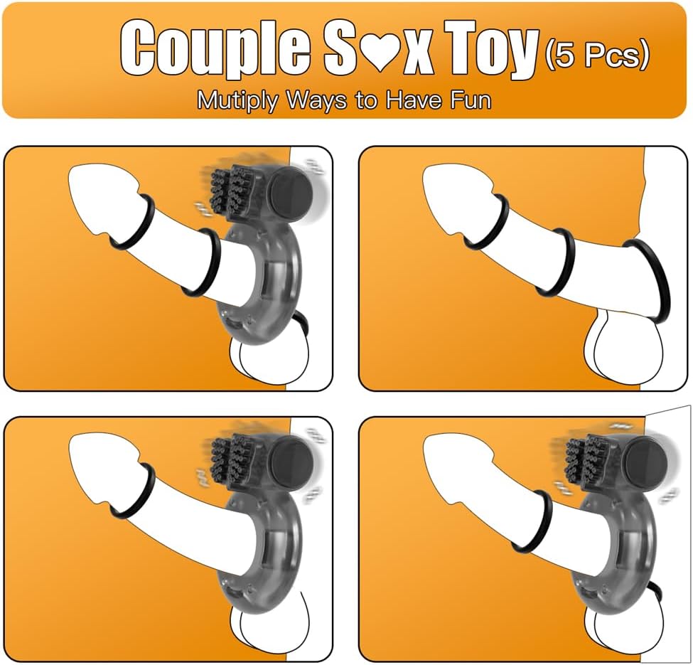 5Pcs Vibrating Cock Ring Sex Toys Penis Sleeve, Penis Rings Cockring Clitoral Vibrator Sexual Stimulator Device for Erection Enhancing Long Lasting Stronger, Adult Sex Toys for Men or Couple Pleasure