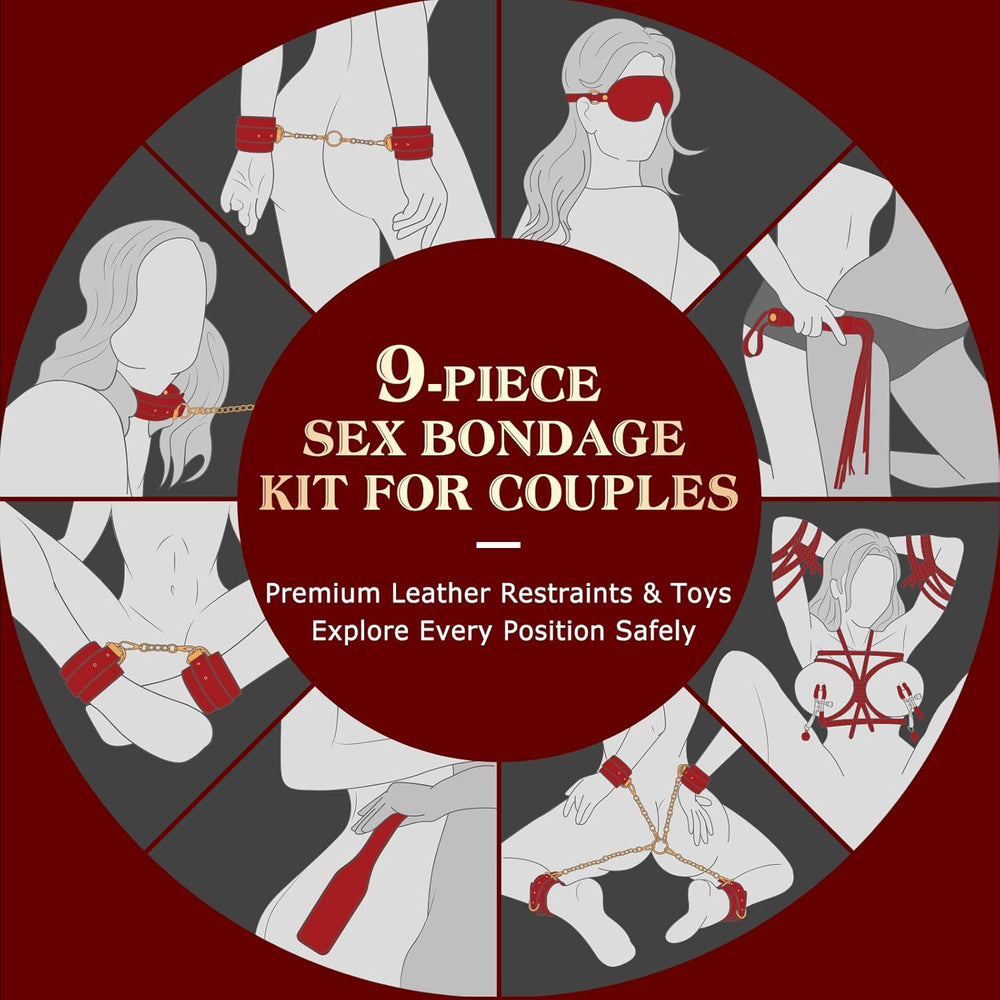 Premium Restraint Kit Adjustable Cuffs Blindfold Set Red 10P