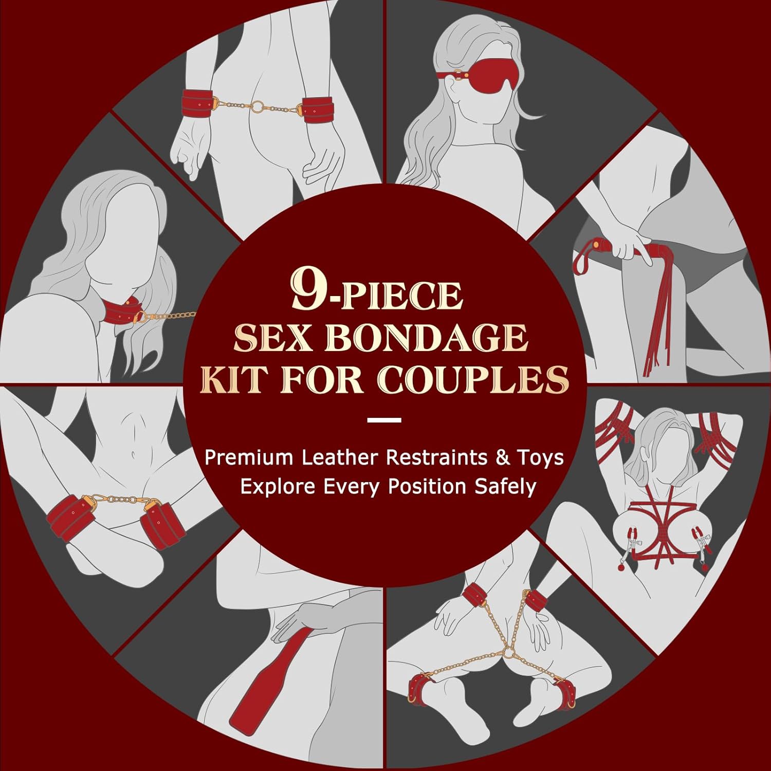 Premium Restraint Kit Adjustable Cuffs Blindfold Set Red 10P