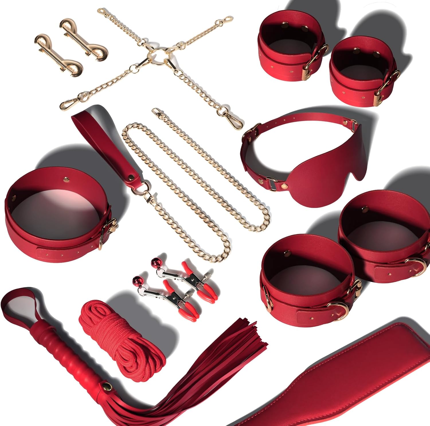 Premium Restraint Kit Adjustable Cuffs Blindfold Set Red 10P