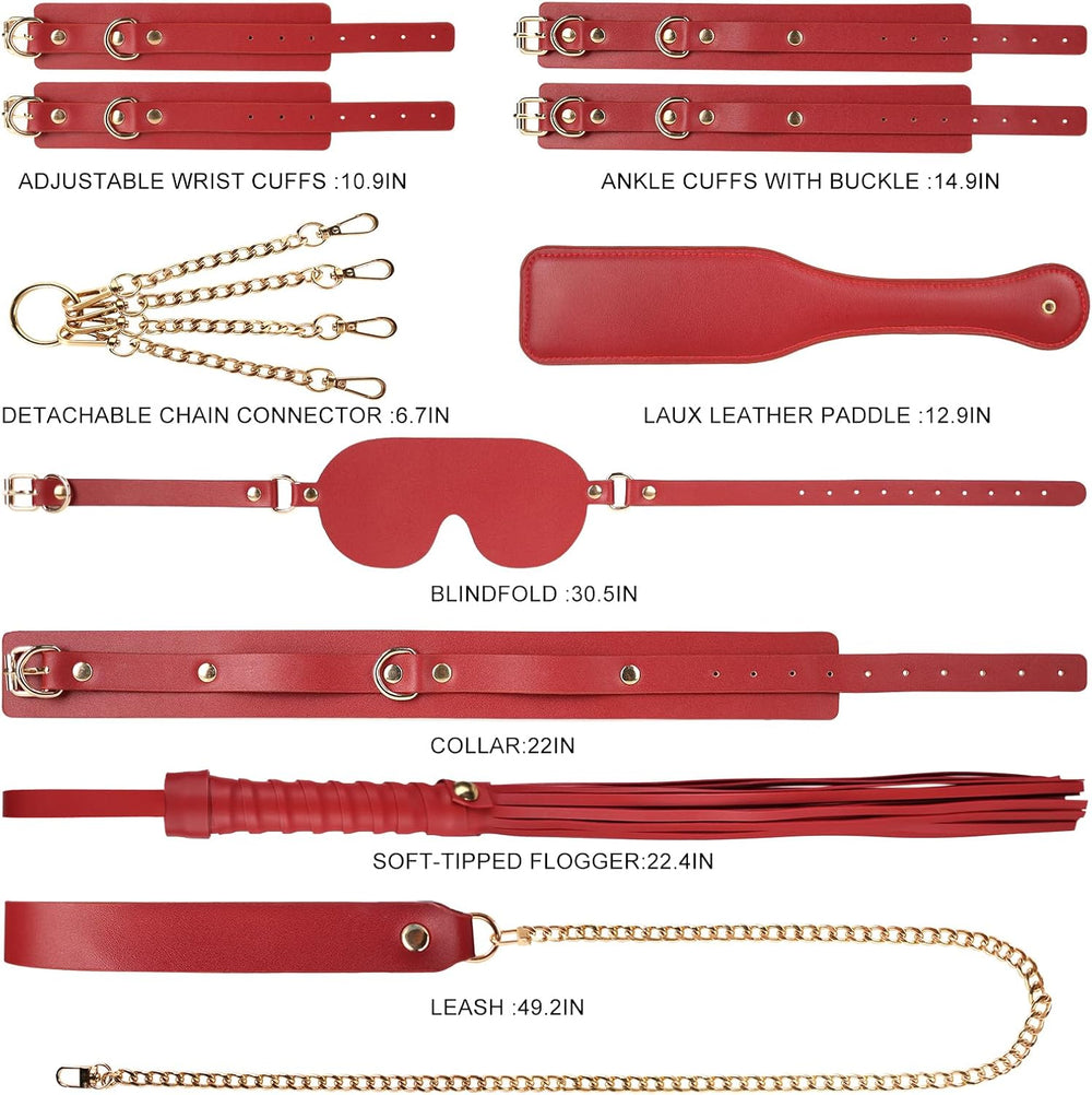 Premium Restraint Kit Adjustable Cuffs Blindfold Set Red 10P